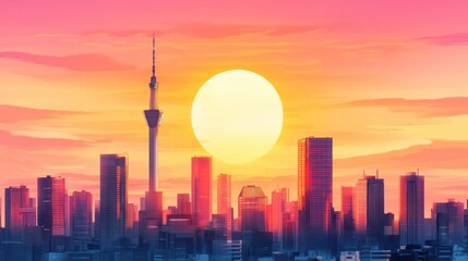 Poster - Sunset cityscape auckland digital art urban environment vibrant viewpoint serenity concept Blur Background