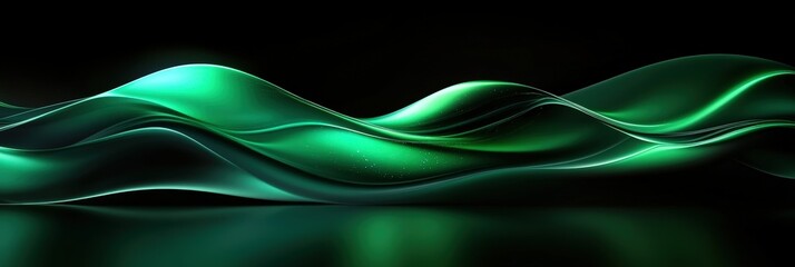 Poster - Abstract Green Waves with 3D Illusion on Pitch Black Background Creating Ethereal Atmosphere and Visual Depth for Stunning Art and Design Projects