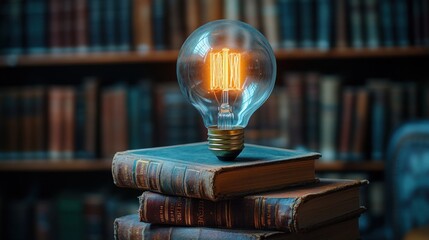 Poster - Light bulb atop vintage books library background