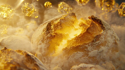 Poster - Explosive eruption of golden crusts nature 3d render atmospheric close-up view fantasy Blur Background