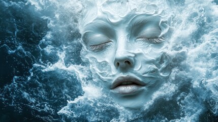 Poster - a surreal depiction of a serene face emerging from turbulent water waves.