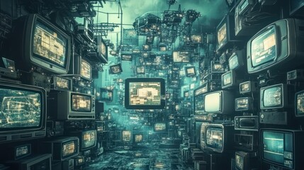 Poster - A surreal environment filled with vintage monitors and screens, creating a tech-inspired maze.