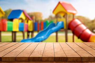 Wall Mural - empty wooden table top blurred playground. Wooden tabletop over defocused public park background. product promotion in the play ground for decoration, display, montage.