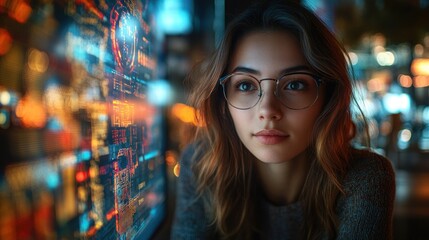Poster - Woman in glasses looking at digital data displays