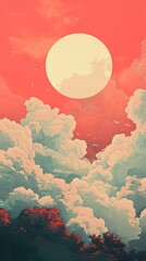 Poster - Sunset Landscape: Dreamy Clouds and Birds