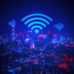Aufkleber - A vibrant cityscape illuminated at night with Wi-Fi signal icons above.