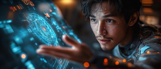 Poster - Man interacting with glowing blue hologram