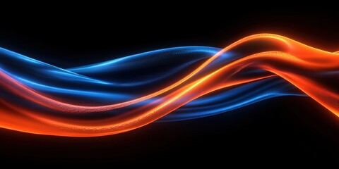 Poster - Vibrant Orange and Blue Neon Stream with Soft Waves on a Deep Black Background for Abstract Art and Design Projects