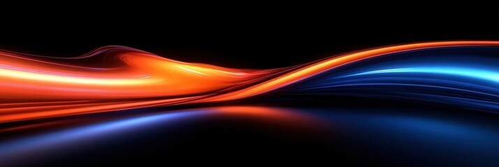 Poster - Abstract neon stream of blue and orange light waves on a pitch black background creating a dynamic and vibrant visual effect