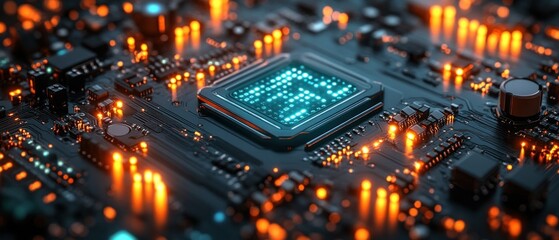 Poster - Closeup circuit board with glowing components digital technology background