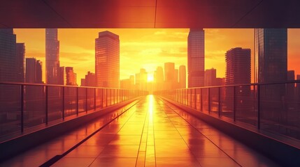 Poster - A vibrant sunset over a city skyline, viewed from a modern walkway.