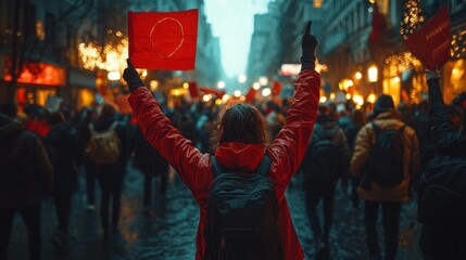 Poster - Person in red jacket raises arms at night protest.