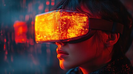 Sticker - Woman wearing futuristic VR headset, glowing orange.