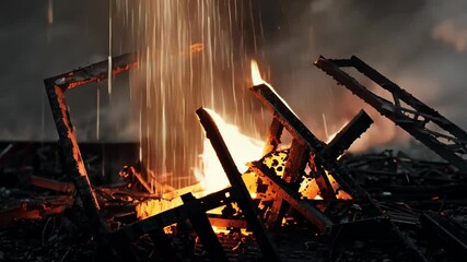 Poster - Burning wooden structures create a dramatic display in a nighttime fire scene at an industrial site