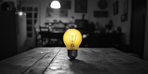 Wall Mural - Wooden table with light bulb