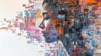 Poster - Profile of a woman merging into pixels and data, illustrating big data, artificial intelligence, and the digital age with colorful squares and a futuristic ambiance