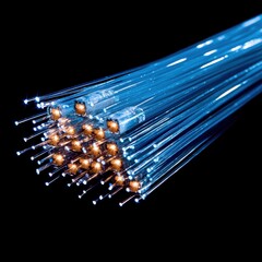 Poster - Fiber optic technology innovations laboratory scientific equipment dark environment close-up view light transmission concepts