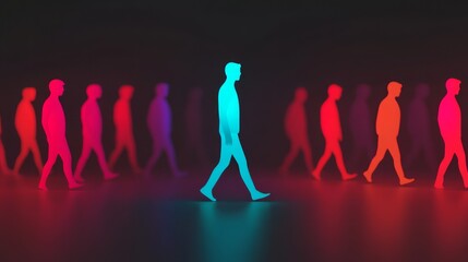 Poster - Abstract representation of human movement with silhouettes in vibrant colors, showcasing isolation and individuality against a dark background