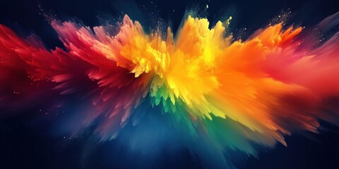 Poster - Vibrant Iridescent Abstract Color Splash on a Deep Black Background with Pastel Hues Exploding in Dynamic Patterns for a Stunning Visual Appeal