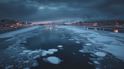 Poster - A winter scene of a river with ice and a city skyline under a moody sky at dusk.