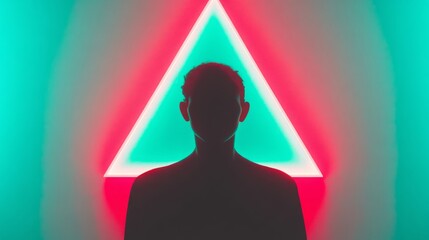 Poster - Silhouette of a Person Against a Neon Triangle Background in Vibrant Teal and Pink Colors, Creating a Futuristic and Artistic Ambience