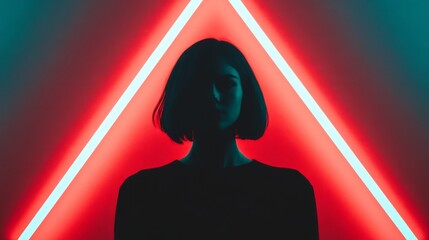 Poster - Mysterious Silhouette of a Woman with Vibrant Neon Triangular Lights in Background Creating an Enigmatic and Artistic Atmosphere
