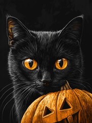 Sticker - Black Cat With Yellow Eyes And Pumpkin