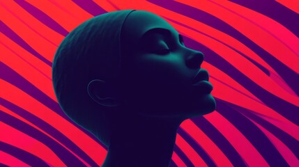 Poster - Ethereal Silhouette of a Female Head Against Vibrant Abstract Background, Capturing the Essence of Modern Art and Digital Aesthetics with Bold Colors and Shapes