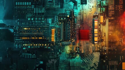 Poster - Abstract digital art depicting a futuristic cityscape with vibrant colors and intricate patterns.