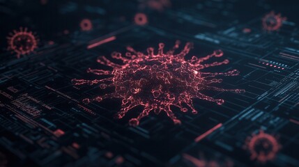 Poster - A detailed digital illustration of a virus, featuring a glowing red structure against a dark, tech-inspired background.