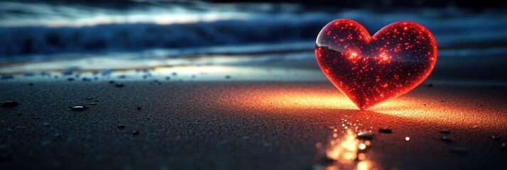 Wall Mural - Heart-Shaped 3D Red Luminescent Object on Sandy Beach at Night with Pitch Black Background and Gentle Waves