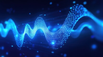 Poster - Abstract representation of sound waves in blue tones with glowing particles.