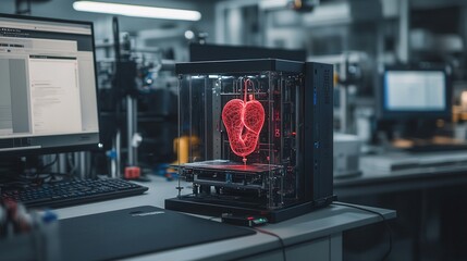 Poster - A 3D printer displays a translucent red heart model in a modern lab, showcasing advanced technology in medical applications.