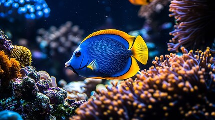 Poster - Vibrant Blue and Yellow Fish Among Colorful Coral Reefs Underwater Photography : Generative AI