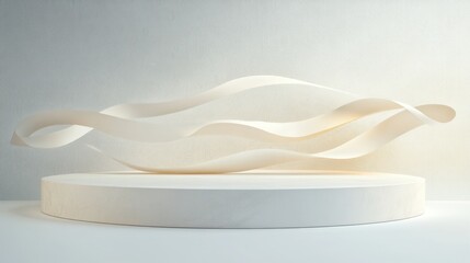 Poster - Abstract sculpture with flowing ribbons on a circular pedestal, softly illuminated.