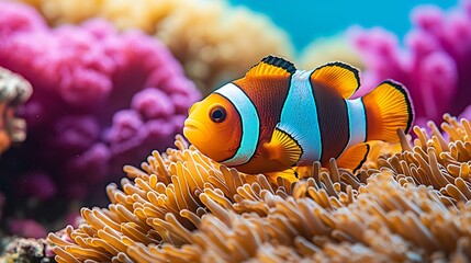 Poster - Closeup of Clownfish Among Vibrant Corals in a Stunning Underwater Ecosystem : Generative AI