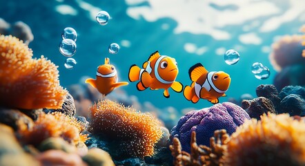 Poster - Colorful Coral Reef with Clownfish and Bubbles in Vibrant Underwater Marine Ecosystem : Generative AI