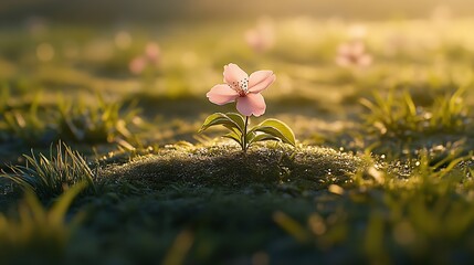 Poster - Single Pink Flower Blooming on Grass during Golden Hour : Generative AI
