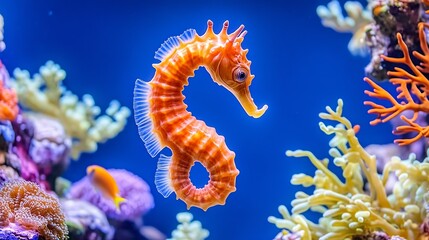 Poster - Vibrant orange hippocampus amidst colorful coral reef underwater : Generative AI