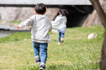 Wall Mural - 公園を走る男の子の後ろ姿