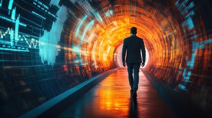 Poster - A silhouette of a businessman walking through a vibrant, digitally-themed tunnel filled with colorful data visualizations.