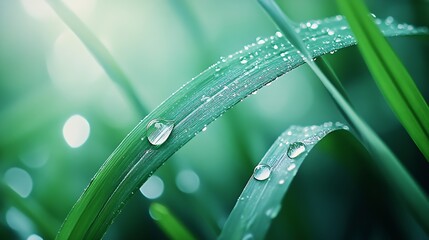 Aufkleber - Close-Up of Dew Drops on Fresh Green Grass Blades in Sunlit Morning Garden : Generative AI