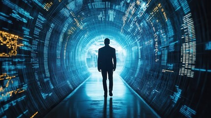 Poster - A silhouette of a man walking through a futuristic tunnel filled with glowing digital patterns, conveying a sense of mystery and exploration.