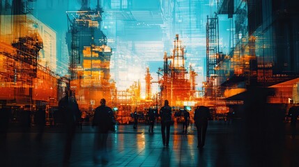 Poster - A vibrant urban scene with blurred figures against a backdrop of illuminated buildings during sunset, creating a dynamic and energetic atmosphere.