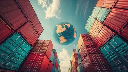 Poster - A striking view of shipping containers framed by a vibrant sky, with a globe suspended above, symbolizing global trade and interconnectedness.