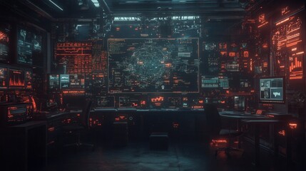 Fototapete - A dark, high-tech control room filled with glowing screens, data visualizations, and intricate digital displays, creating an immersive, futuristic environment.