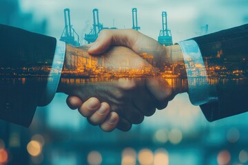 Aufkleber - Two hands shake in a business agreement, layered over a cityscape with industrial elements, symbolizing partnership and collaboration.
