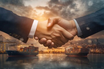 Poster - A handshake symbolizes partnership against a backdrop of ships and a sunset, reflecting collaboration and business growth.