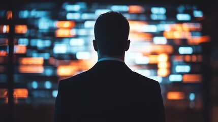 Wall Mural - Professional man in suit observing digital display with vibrant lights and patterns, representing data analysis and modern technology in a corporate environment