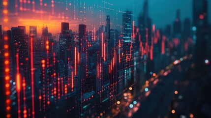 Fototapete - A digital skyline with glowing graphs and lights, depicting a blend of urban life and data visualization at dusk.